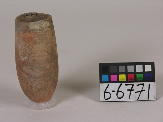 Hearst Museum object titled Beer cup, accession number 6-6771, described as Pottery; deep brownish cup, rim punched in; gd 6 1/2 cm, height 13 cm.