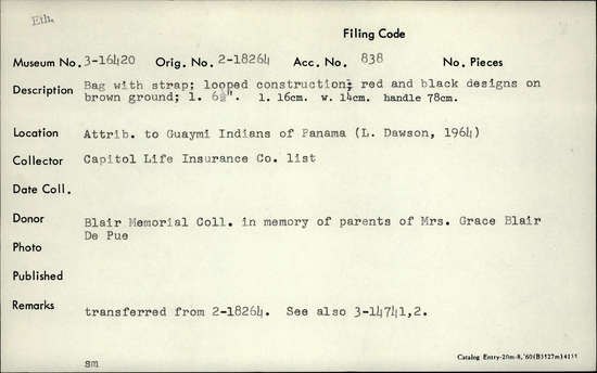 Documentation associated with Hearst Museum object titled Woven bag, accession number 3-16420, described as Bag with strap; looped construction; red and black designs on brown ground; Length 6 1/2 inches.  Length 16 cm Width 14 cm handle 78 cm.