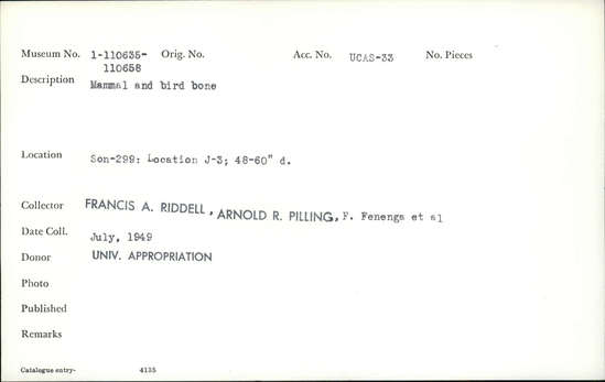 Documentation associated with Hearst Museum object titled Faunal remains, accession number 1-110658, described as Mammal and bird.