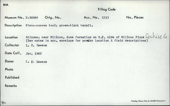 Documentation associated with Hearst Museum object titled Core, accession number 2-36984, described as Plano-covex tool; green-black basalt