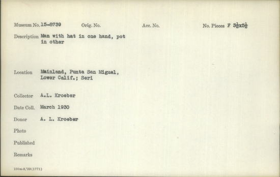 Documentation associated with Hearst Museum object titled Black-and-white negative, accession number 15-8739, described as Man with hat in one hand, pot in other.