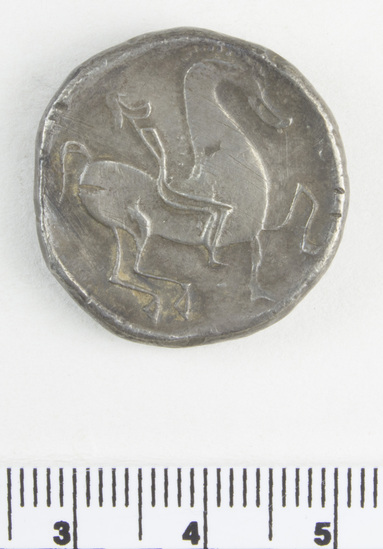 Hearst Museum object 5 of 6 titled Coin: ar tetradrachm (barbarous imitation), accession number 8-4488, described as Coin; AR; Tetradrachm; Greek. 13.63 grams, 25 mm. Obverse: traces of head l. laureate. Reverse: Horseman r. Remarks: "Barbarous imitation of Philip II