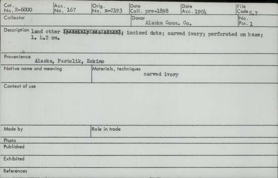 Documentation associated with Hearst Museum object titled Zoomorph, accession number 2-6000, described as Land otter of carved ivory.  Incised dots.  Perforated on base.