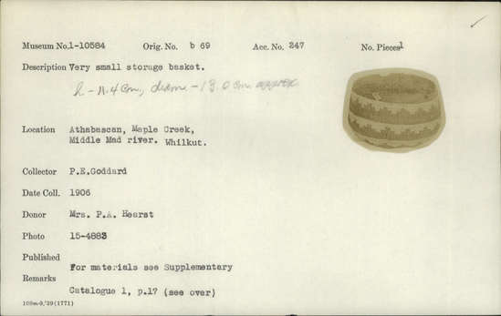 Documentation associated with Hearst Museum object titled Storage basket, accession number 1-10584, described as Small storage basket; twined. Warp is Hazel (Corylus cornuta californica), weft is Alder root (Alnus). White pattern is Bear grass (Xerophyllum tenax). Rows of repeating 3-tiered designs.