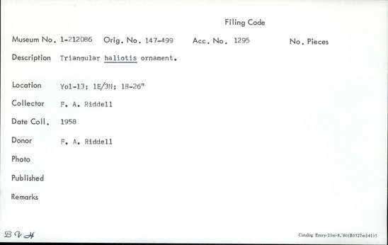 Documentation associated with Hearst Museum object titled Pendant fragment, accession number 1-212086, described as Triangular haliotis.