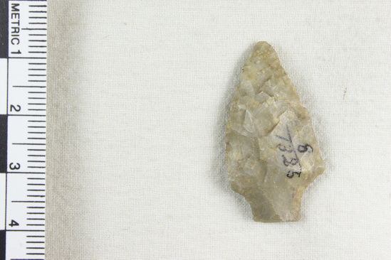 Hearst Museum object 4 of 4 titled Arrowhead, accession number 8-1326, described as Gray flint arrowhead