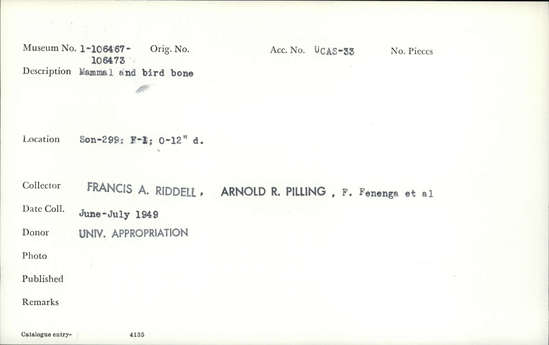 Documentation associated with Hearst Museum object titled Faunal remains, accession number 1-106470, described as Mammal and bird.