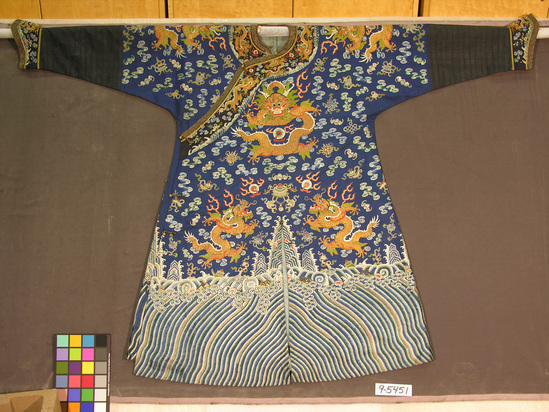 Hearst Museum object titled Robe, accession number 9-5451, described as Robe; silk, gilt paper; plain weave; embroidered; blue ground, varicolored dragon, other designs. Length: 53.25 inches, Sleeves: 26.5 inches