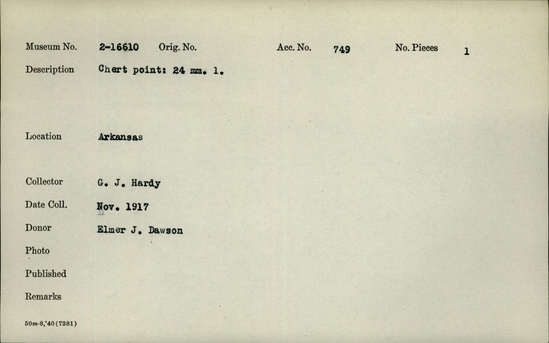 Documentation associated with Hearst Museum object titled Point, accession number 2-16610, described as Chert point