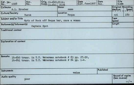 Documentation associated with Hearst Museum object titled Audio recording, accession number 24-1028, described as Myth of rock off Reqwa bar, once a woman