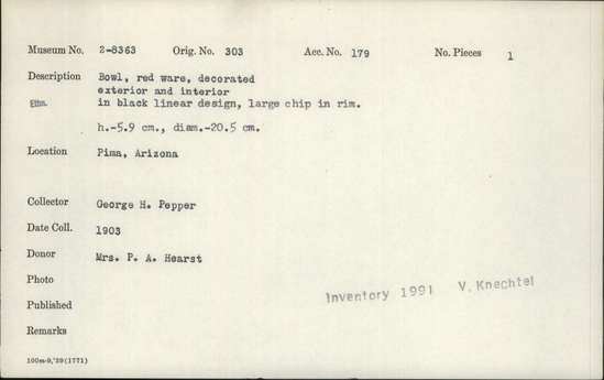 Documentation associated with Hearst Museum object titled Bowl, accession number 2-8363, described as Red ware. Decorated exterior and interior in black linear design. Large chip in rim.