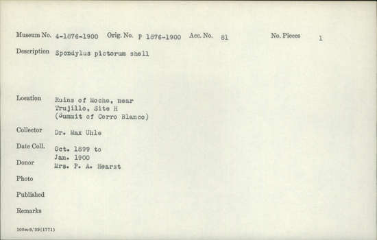 Documentation associated with Hearst Museum object titled Shell, accession number 4-1883, described as Spondylus pictorum shell.