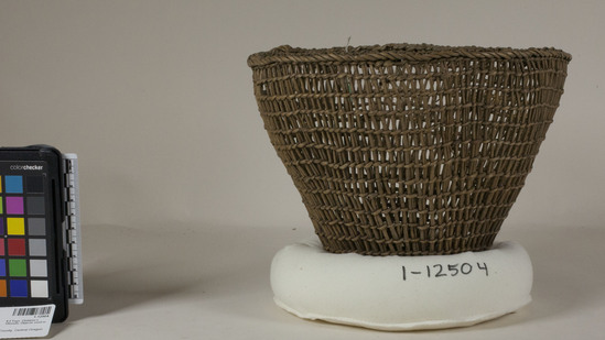 Hearst Museum object 2 of 2 titled Toy basket, accession number 1-12504, described as Little girl's toy burden basket (yaki). Twisted. Warp and weft are peeled Willow (Salix).