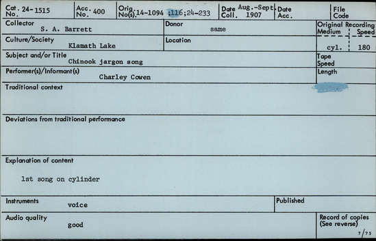 Documentation associated with Hearst Museum object titled Audio recording, accession number 24-1515, described as Chinook Jargon Song