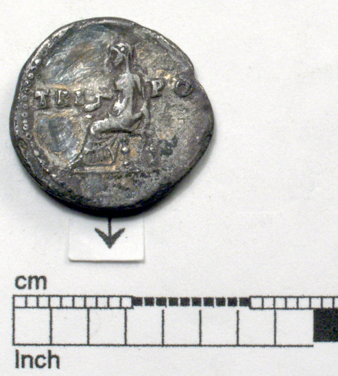 Hearst Museum object 8 of 8 titled Coin: ar denarius, accession number 8-4694, described as Coin; AR; Denarius; Roman 3.095 grams, 18 mm. Vespasian, 70-71 AD. Rome, Italy. Obverse: IMP CAES VESP AVG P M, bust r. laureate. Reverse: TRI POT, Vesta seated l. draped, holding simpulum.