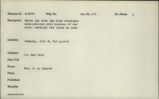 Documentation associated with Hearst Museum object titled Jar, accession number 4-6928, no description available.