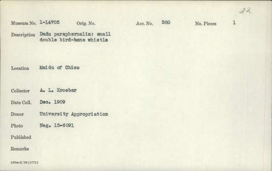 Documentation associated with Hearst Museum object titled Whistle, accession number 1-14705, described as Dadu paraphernalia, small double bird-bone whistle.