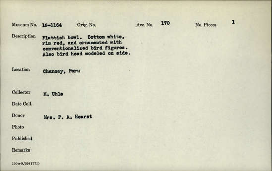 Documentation associated with Hearst Museum object titled Flattish bowl, accession number 16-1164, described as Flattish bowl. Bottom white, rim red, and ornamented with conventionalized bird figures. Also bird head modeled on side