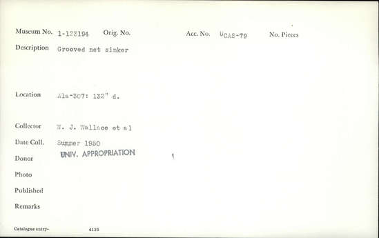 Documentation associated with Hearst Museum object titled Net sinker, accession number 1-123194, described as Grooved net sinker
