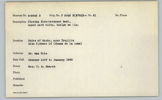 Documentation associated with Hearst Museum object titled Bowls (2), accession number 4-3043b, described as Flaring flat-bottomed bowl, upper part white, design on lip