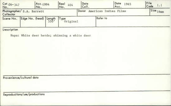 Documentation associated with Hearst Museum object titled 16mm motion picture film, accession number 26-347, described as White deer skinning. Notice: Image restricted due to its potentially sensitive nature. Contact Museum to request access.