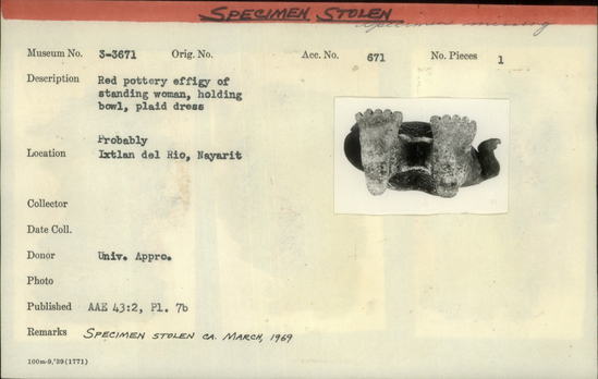 Documentation associated with Hearst Museum object titled Effigy, accession number 3-3671, described as Red pottery effigy of standing woman, holding bowl, plaid dress. (Specimen stolen March 1969).