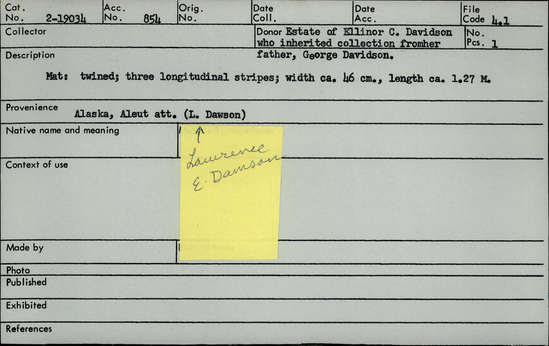 Documentation associated with Hearst Museum object titled Mat, accession number 2-19034, described as Twined; 3 longitudinal stripes.