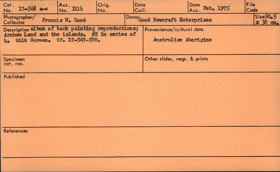 Documentation associated with Hearst Museum object titled Silkscreen, accession number 17-568a-e, described as Bark paintings of Arnhem Land and the islands. Second in a series of four.