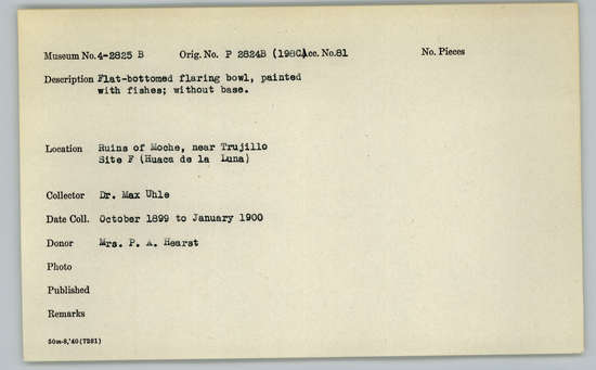 Documentation associated with Hearst Museum object titled Bowl fragments, accession number 4-2825b, described as Flat-bottomed flaring bowl, painted with fishes; without base