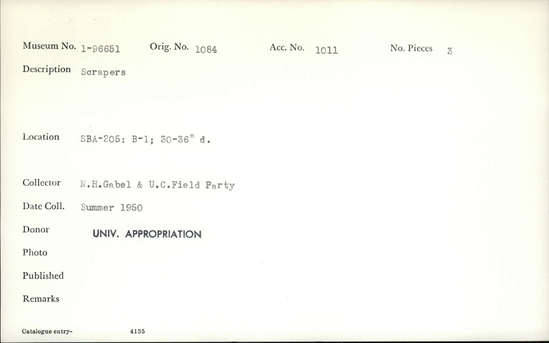 Documentation associated with Hearst Museum object titled Scrapers, accession number 1-96651, described as Scrapers.