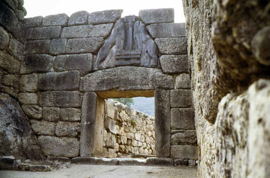 Hearst Museum object titled Color slide, accession number 25-21445, described as 35mm color transparency slide: Greece: Mycaene. Lion Gate 1600 BC Grace circle. 6 Royal Tombs. Hoards of Gold. Agamenon.