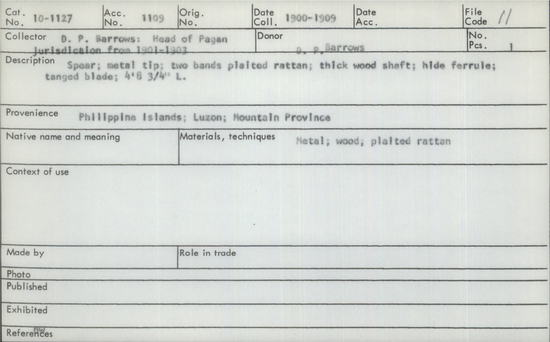 Documentation associated with Hearst Museum object titled Spear, accession number 10-1127, described as Spear; metal tip; two bands plaited rattan; thick wood shaft; hide ferrule; tanged blade; 4’ 8 3/4” L. - UNSURE IF APOSTROPHE BETWEEN 4 AND 8 IS TYPO, OR SYMBOLIZES FEET