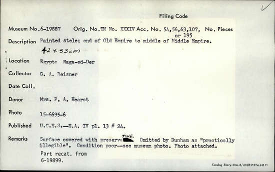 Documentation associated with Hearst Museum object titled Stela, accession number 6-19887, described as Painted stele, end of the Old Empire to middle of the Middle Empire. 42 cm x 53 cm.