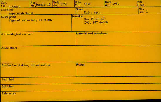 Documentation associated with Hearst Museum object titled Vegetal material, accession number 2-57819, described as Vegetal material, 11.9 gm.