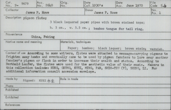 Documentation associated with Hearst Museum object titled Pigeon flute, accession number 9-9679, described as pigeon flute; 3 black lacquered paper pipes w/brown stained tops; ht5 cm, w. 5.5 cm,;bamboo tongue for tail ring