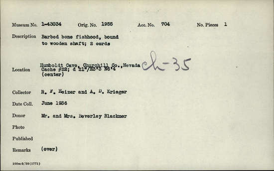 Documentation associated with Hearst Museum object titled Fishhook, accession number 1-43034, described as Barbed bone fishhook, bound to wooden shaft; 2 cords.