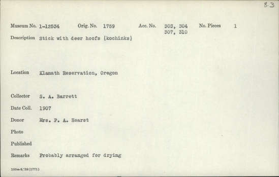 Documentation associated with Hearst Museum object titled Stick with hoofs, accession number 1-12534, described as Stick with deer hoofs.