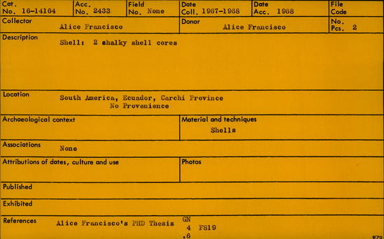 Documentation associated with Hearst Museum object titled Shell fragment, accession number 16-14164, described as Shell: 2 shalky shell cores