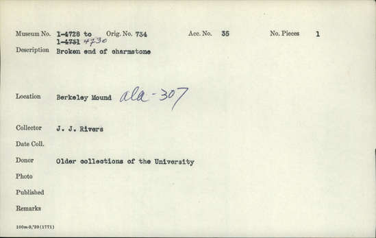 Documentation associated with Hearst Museum object titled Charmstone, accession number 1-4734, described as Rough charmstone