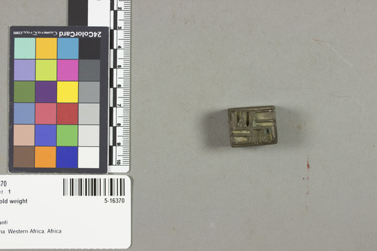 Hearst Museum object titled Gold weight, accession number 5-16370, described as Ashanti geometric goldweight - asoanu - 36.06 gm. about 1 gm. heavier than average. Gift from Saja Tunkara