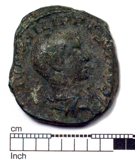 Hearst Museum object 1 of 8 titled Coin: æ sestertius, accession number 8-6249, described as Coin: AE; PHILIPPUS II - 19.10 grms. Sestertius Obverse: M IVL PHILLIPVS CAES - bust facing right, draped. Reverse: PRINCIPI IVVENT,SC - Philip II stg l. holding globe in outstretched r. hand, long scepter in l.