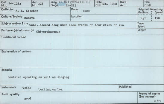 Documentation associated with Hearst Museum object titled Audio recording, accession number 24-1253, described as Ahta ("Cane") Song, 2nd song When Sees Tracks of Four Wives of Sun