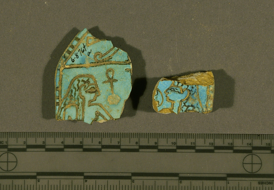 Hearst Museum object titled Offering tablet fragments, accession number 6-8764, described as Fragments of blue glazed offering tablet, inscribed