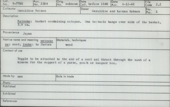 Documentation associated with Hearst Museum object titled Netsuke, accession number 9-7780, described as Netsuke: basket containing octopus. One tentacle hangs over side of the basket.