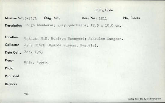 Documentation associated with Hearst Museum object titled Handaxe, accession number 5-3474, described as Rough hand-axe; grey quartzite .