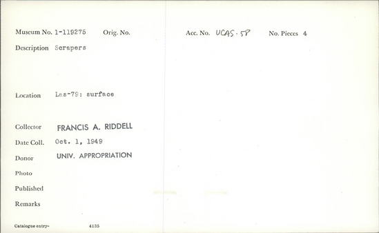 Documentation associated with Hearst Museum object titled Scrapers, accession number 1-119275, described as Scrapers.