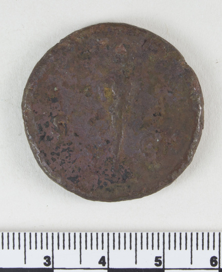 Hearst Museum object 7 of 8 titled Coin: æ sestertius, accession number 8-6040, described as Coin: Sestertius; Æ; Vespasian - 22.33 grams. Obverse: VESPASIAN AVG PM TRP ... head laureate facing right. Reverse: SC in field, figure walking right.