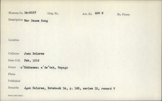 Documentation associated with Hearst Museum object titled Wax cylinder recording, accession number 14-2237, described as War Dance Song