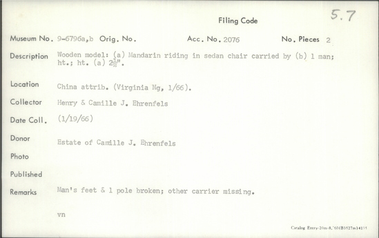 Documentation associated with Hearst Museum object titled Figurines, accession number 9-6796a,b, described as Wooden model: a) Mandarin riding in sedan chair carried by b) 1 man. a) height 2.5 inches. Man’s feet and 1 pole broken; other carrier missing.