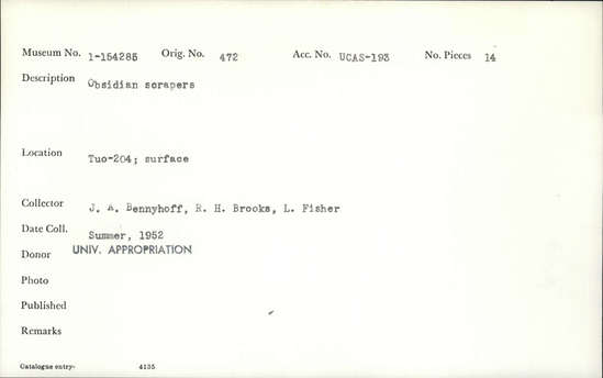 Documentation associated with Hearst Museum object titled Scrapers, accession number 1-154285, described as Obsidian scrapers